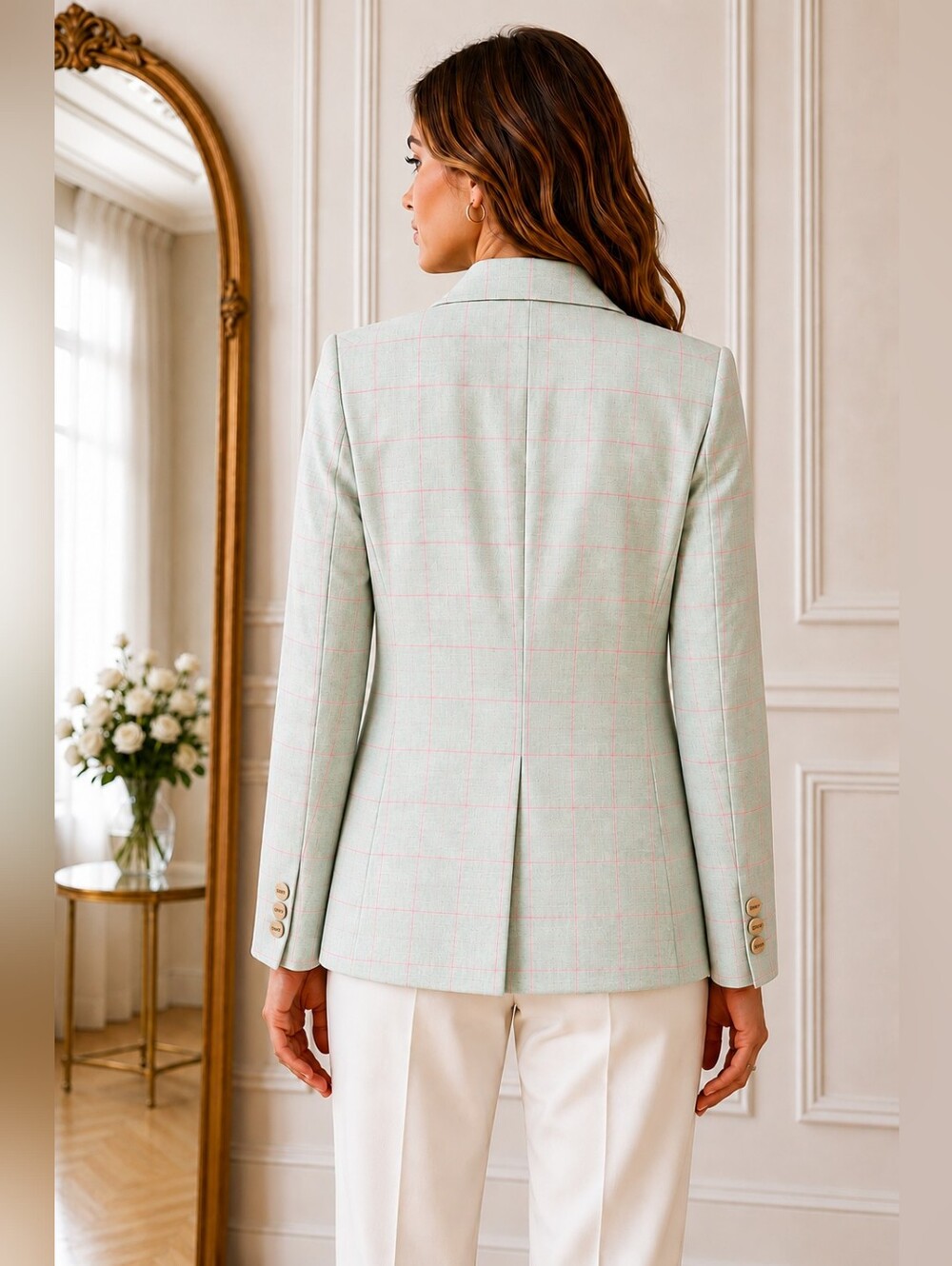 DKNY Mint Green Windowpane Double-Breasted Blazer | Gold Logo Buttons | Size 10 - Picture 2 of 10